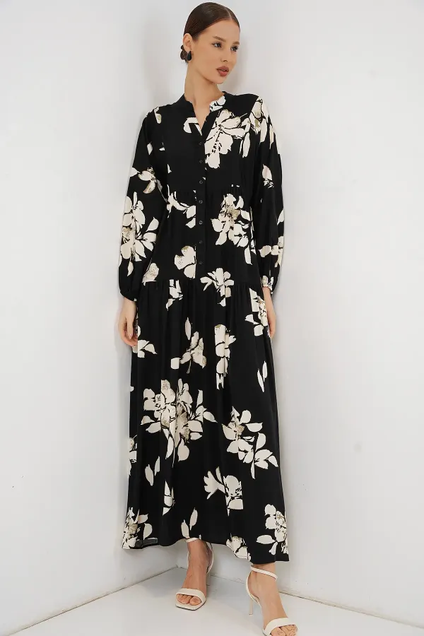 Kadın Desenli Uzun Tesettür Elbise 2585 - Düz Siyah