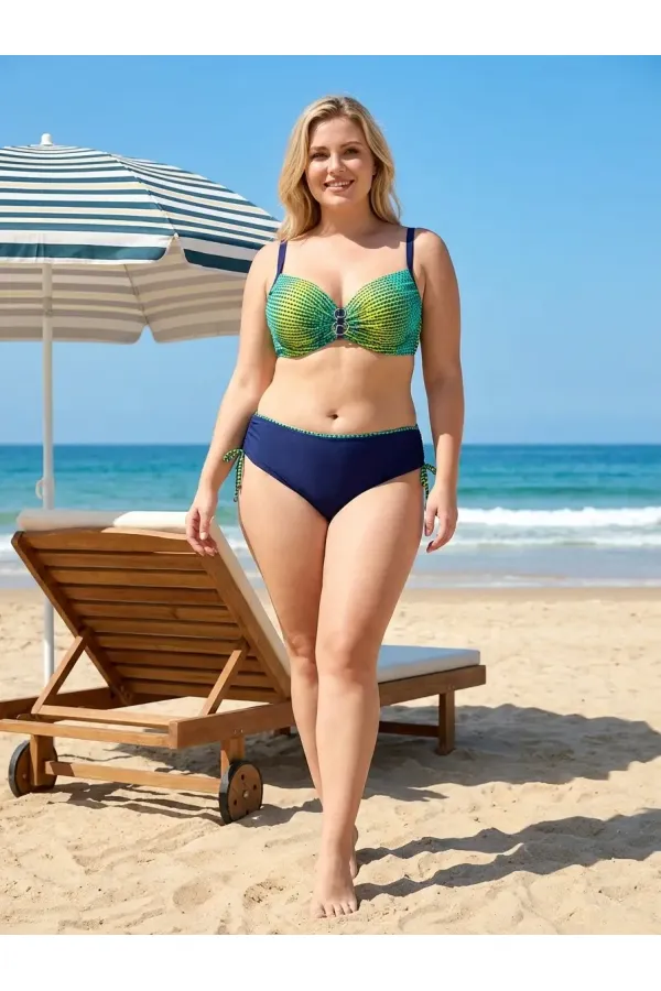 Kadın Lacivert Sarı Desenli Aksesuar Detaylı Bikini Takımı HZL26S-LC713048