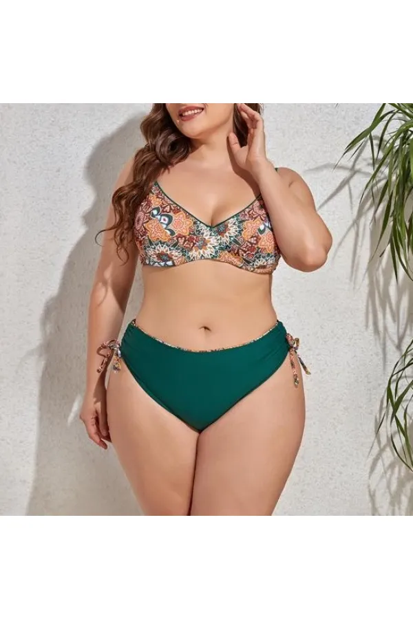 Kadın  Zümrüt Yeşil Etnik Desen Büyük Beden Bikini Takım HZL25S-LC3310