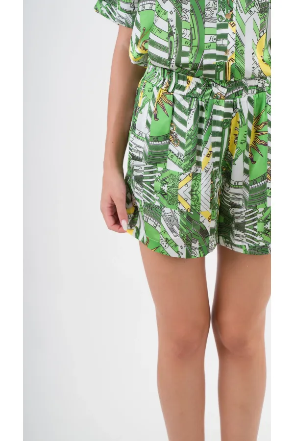 Kadın Yeşil Desenli Şort Gömlek Alt Üst Takım  HZL24S-YY226