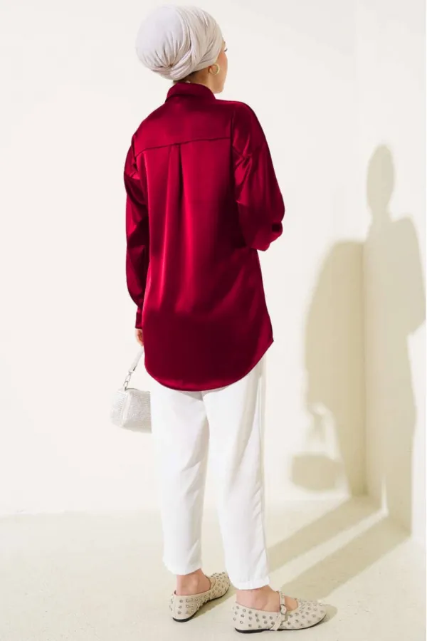 Chemise hijab en satin bordeaux pour femme HZL25W-BD139641