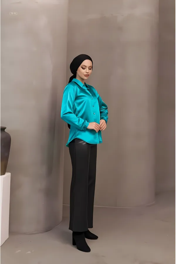 Chemise hijab en satin vert pour femme HZL25W-BD139641