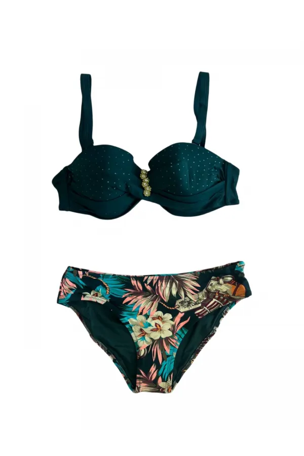 Ensemble bikini doublé et brodé de pierres vert émeraude pour femme HZL25S-LC4005