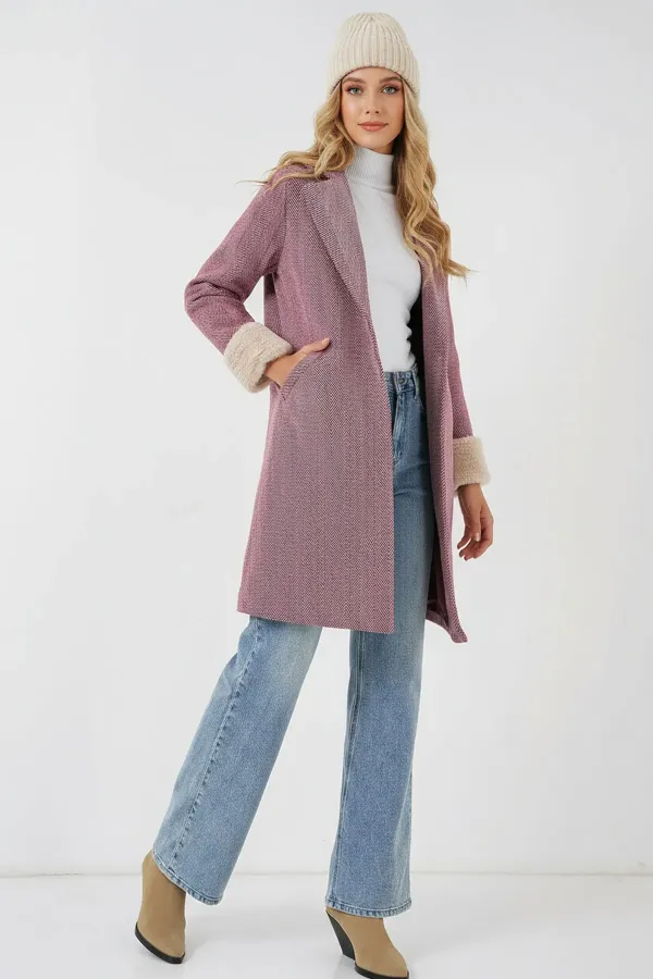 Manteau en cachemire à chevrons et manches fourrées pour femme 9145 - Bordeaux