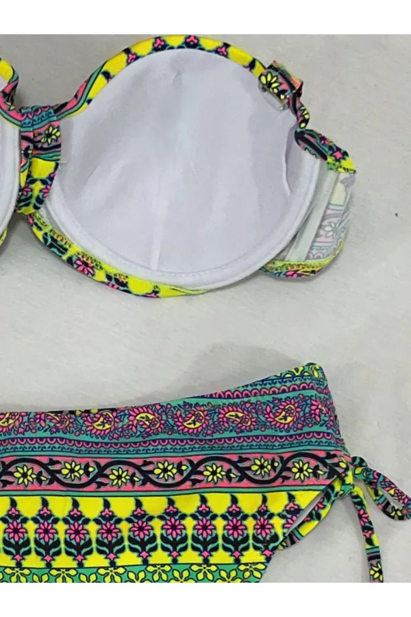 Kadın Yeşil Çok Renkli Etnik Desen Atarlı Bikini Takımı HZL25S-LC8004