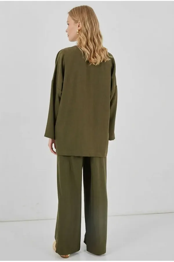 Kadın Haki Keten Bağlama Detaylı Kimono Pantolon İkili Takım HZL26S-BD167271