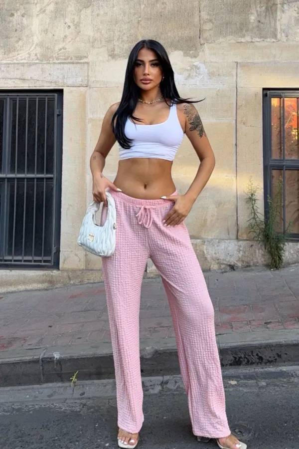 Kadın Pembe Beli Lastikli Rahat Kesim Bürümcük Pantolon HZL25S-DSB163631