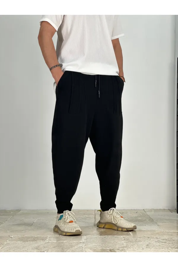 Erkek Siyah Beli İp Bağlamalı Bol Kesim Cepli Pantolon Eşofman Altı HZL24S-MXC9019-25