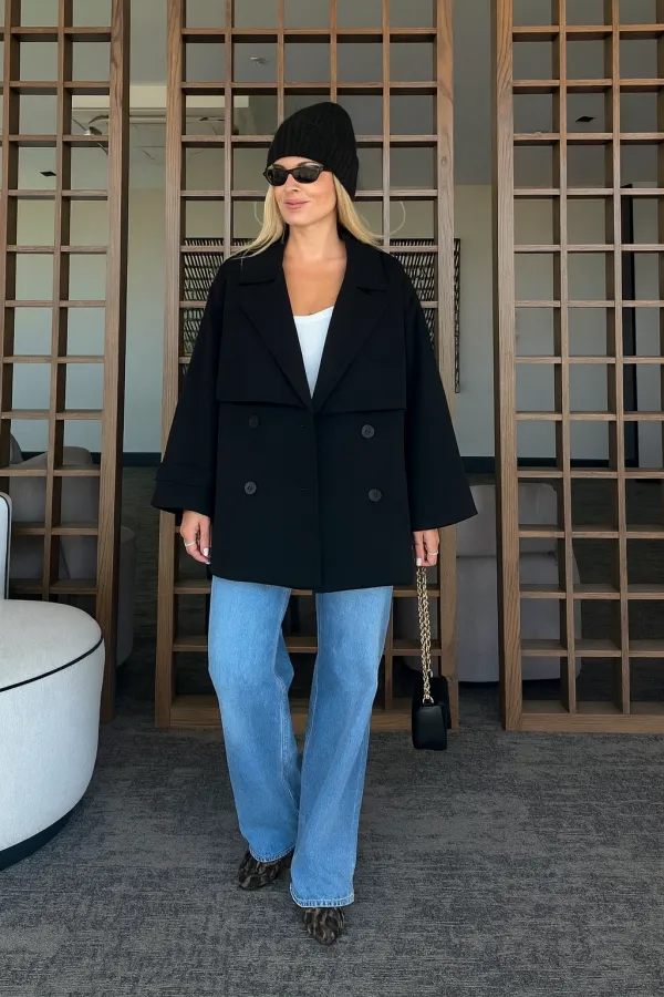 Women's Black Premium Midi Length Lined Cashmere Coat HZL25W-BD191571