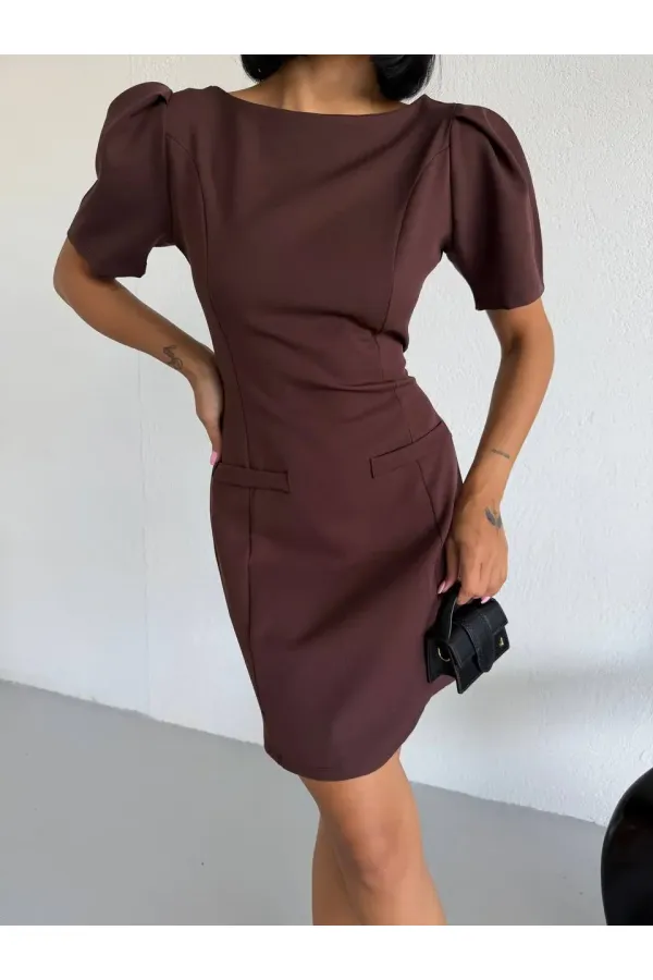 Women's Brown Boat Neck Welt Pocket Short Sleeve Mini Dress HZL26S-FRY123891 Women's Brown Boat Neck Welt Pocket Short Sleeve Mini Dress HZL26S-FRY123891