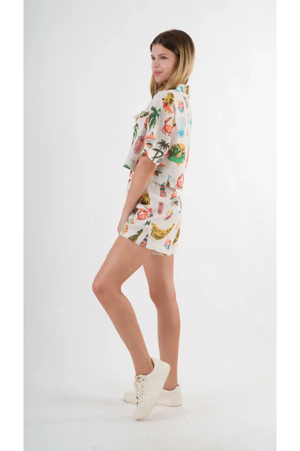 Kadın Çok Renkli Kısa Kollu Crop Gömlek HZL24S-YY299