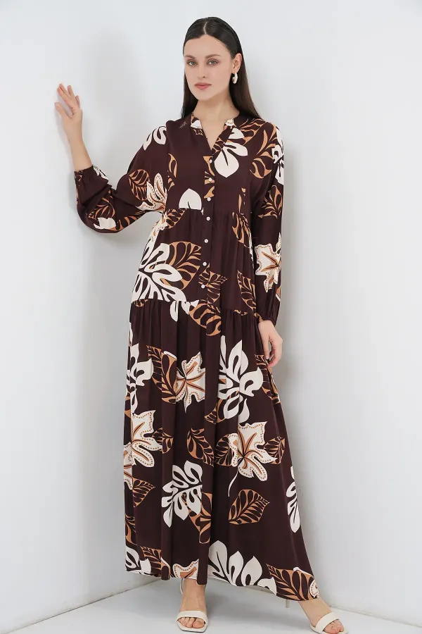 Robe longue hijab à motifs pour femme 2585 - Marron foncé