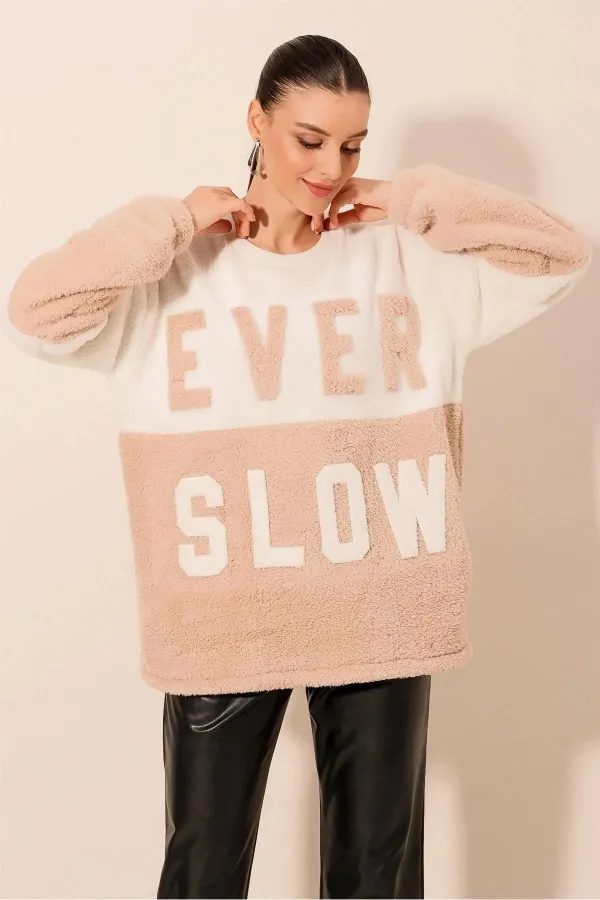 Sweat-shirt confortable en peluche imprimé bloc blanc crème pour femme EVER SLOW HZL23W-BD1554781