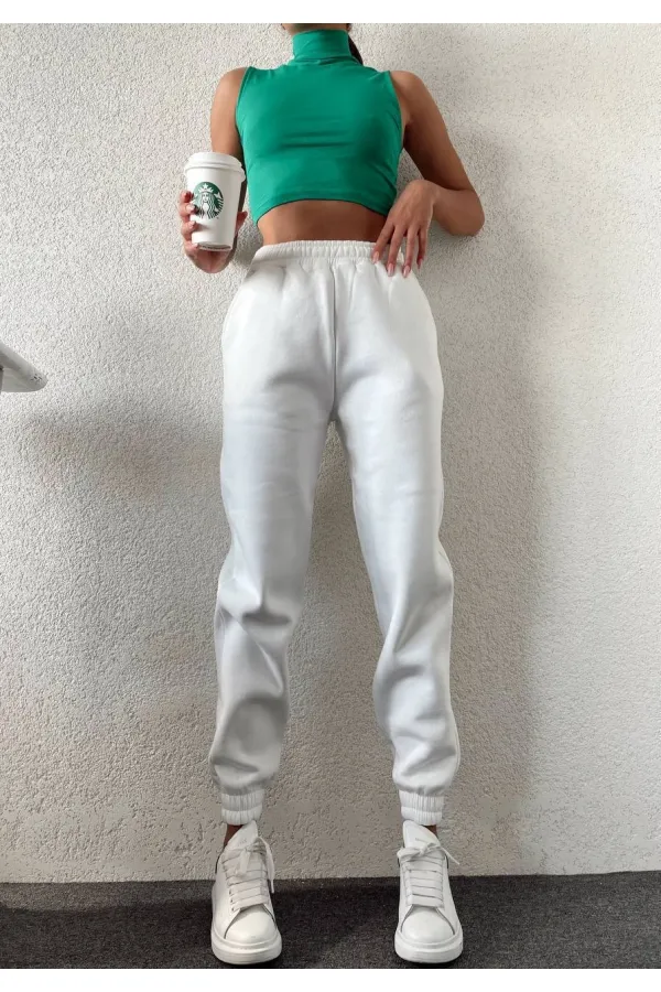 Kadın Beyaz Cepli Beli Paçası Lastikli 3 İplik Şardonlu Eşofman Altı HZL24W-ZK12321