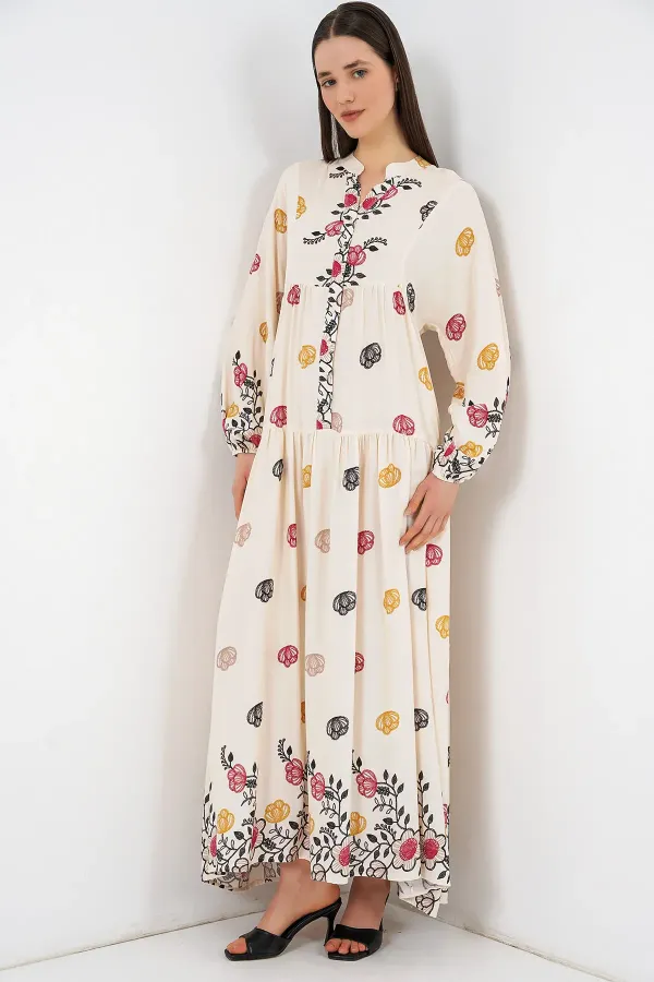 Robe longue hijab à motifs pour femme 2585 - Beige clair