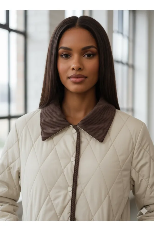 Manteau matelassé en velours crème à fermeture à pression pour femme HZL25W-BD152261