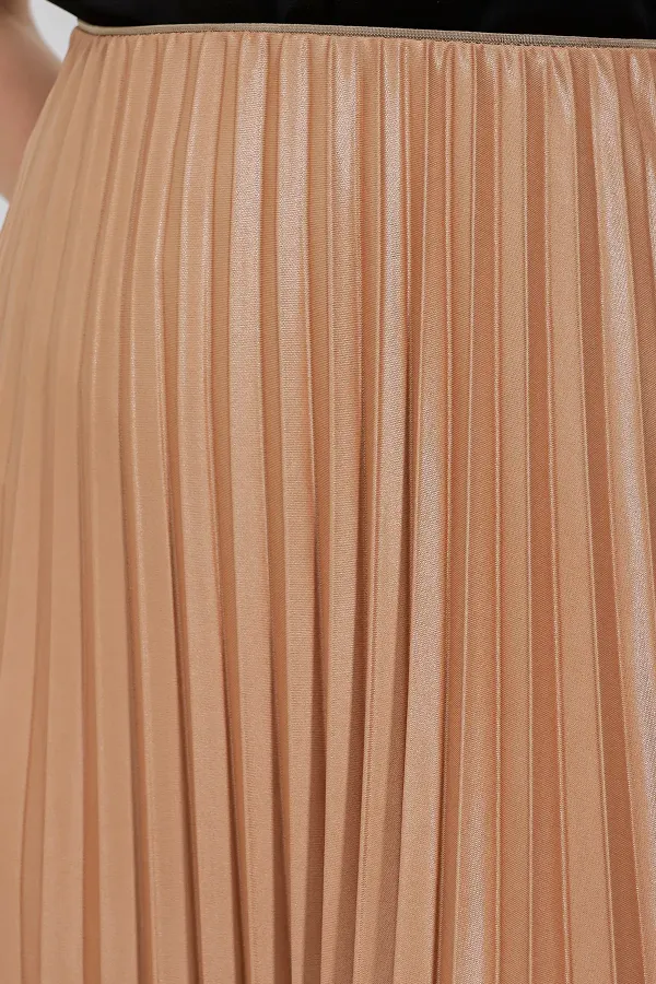 8009 Deri Görünümlü Piliseli Etek - Bisküvi