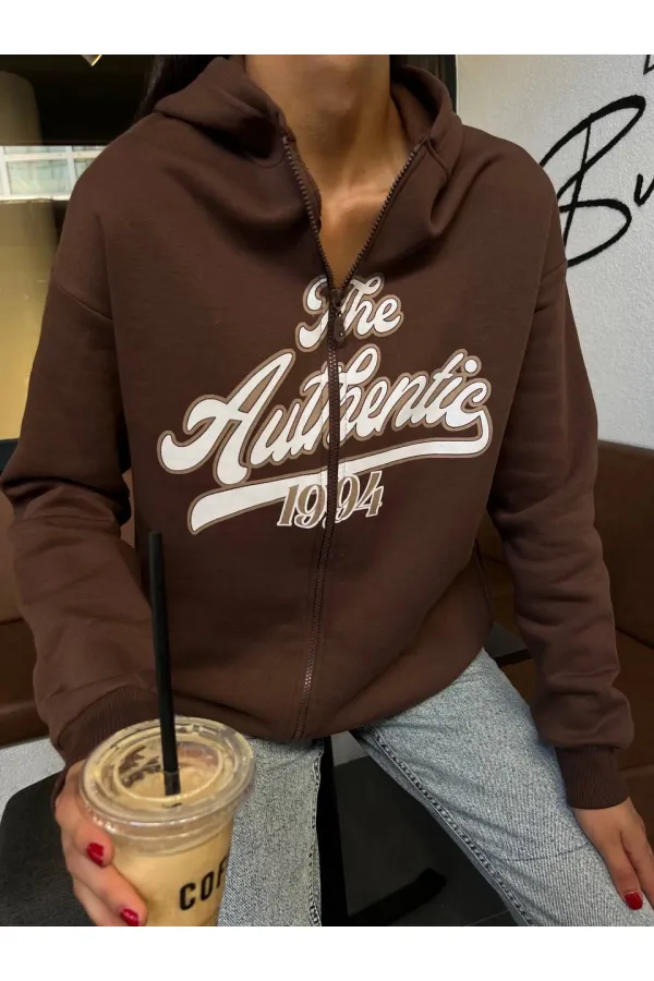 Kadın Kahverengi Baskılı Kapüşonlu Fermuarlı Oversize Sweatshirt HZL24W-ZK12741
