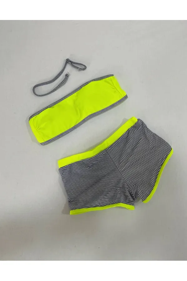 Ensemble bikini sans bretelles pour fille, short rayé jaune fluo et noir, 4-12 ans, HZL24S-LC9034