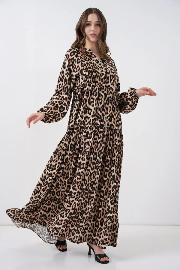 2423 Otantik Desenli Tesettür Elbise - E. Kahve