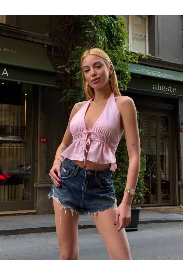 Chemisier dos nu en lin rose pour femme HZL24S-ZK11081