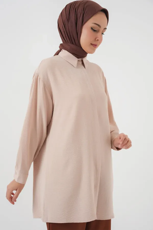 Kadın Uzun Gömlek Tunik 5945 - Krem