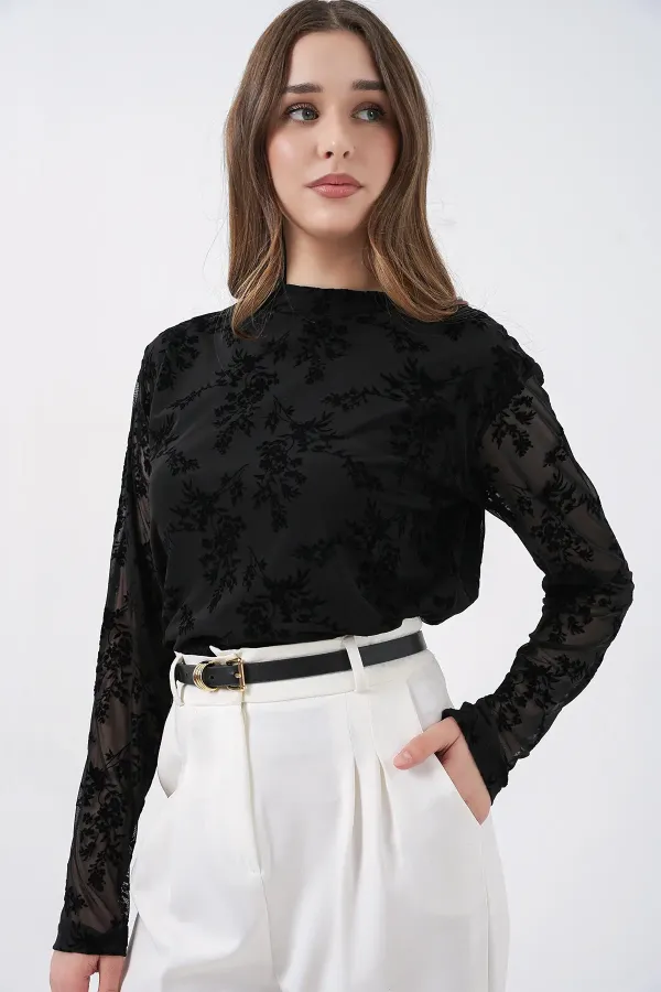 Chemisier à manches longues à motifs pour femme 983 - Noir