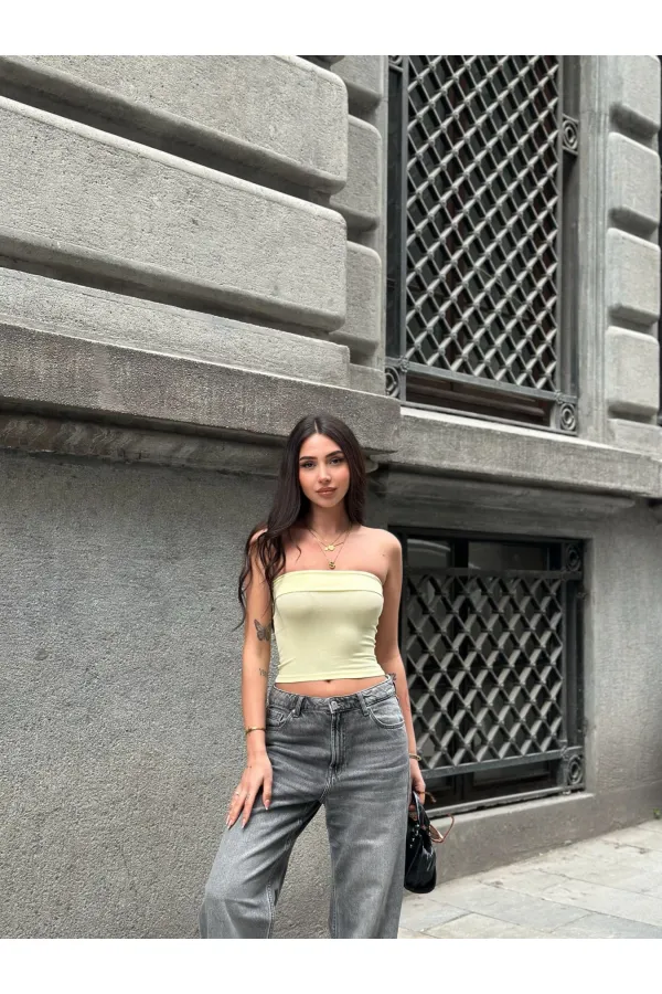 Kadın Sarı Katlamalı Straplez Bluz HZL24S-ZK11301