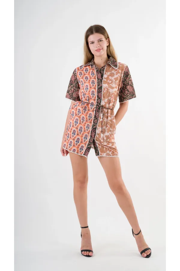 Kadın Kahverengi Sarı İp Kemerli Küpürlü Gömlek Görünümlü Elbise HZL24S-YY237