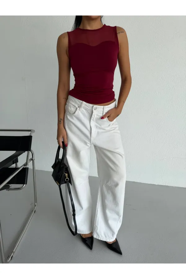 Kadın Bordo Kolsuz Likralı Tül Detay Sandy Bluz HZL26W-FRY123721