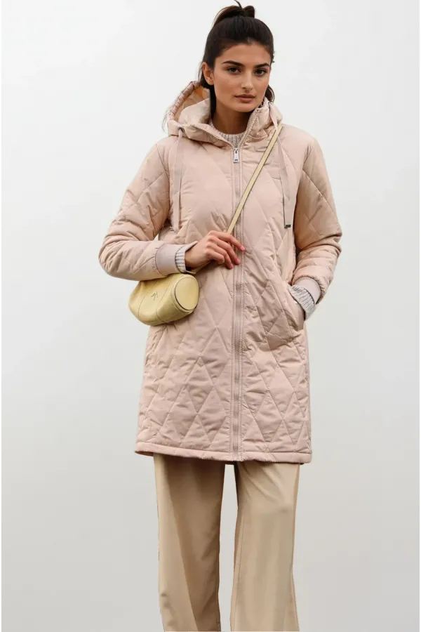 Kadın Krem Kapitone Uzun Şişme Mont HZL22W-BD151381