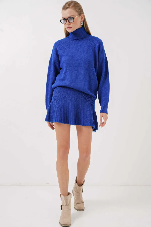 Ensemble deux pièces en tricot bleu vif pour femme, jupe pull HZL25W-BD1102641