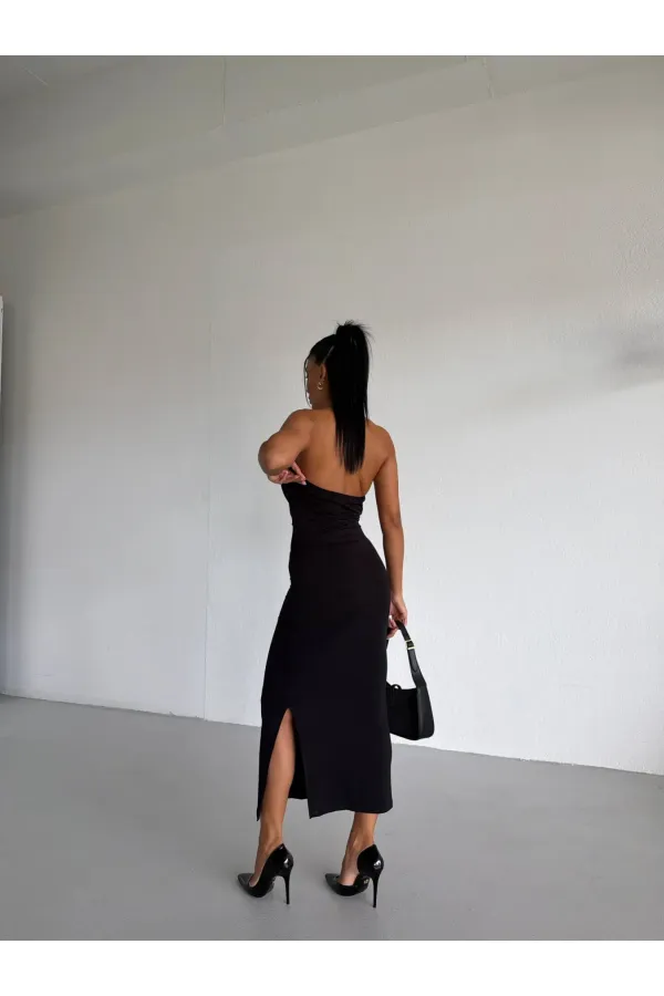 Women's Black Sandy Midi Dress with Neck Accessory and Side Slit HZL26S-FRY123841