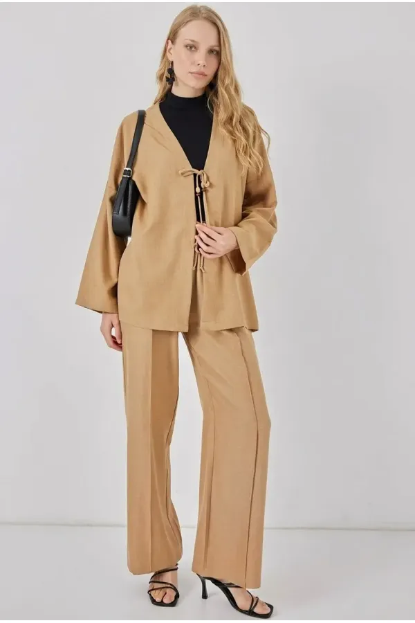 Kadın Bej Keten Bağlama Detaylı Kimono Pantolon İkili Takım HZL26S-BD167271