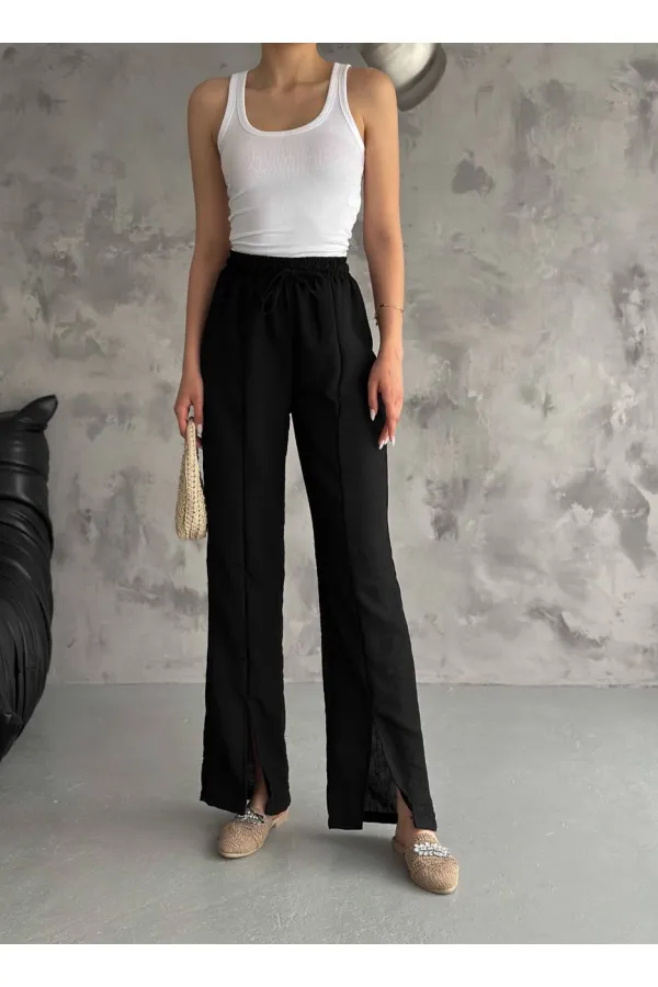 Kadın Siyah Lastikli Bel Yırtmaç Detaylı Cepsiz İthal Keten Astarsız Pantolon HZL24S-FRY121941