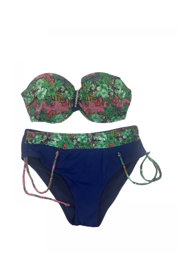 Kadın Yeşil Çiçek Desenli Büyük Beden Astarlı Lacivert Bikini Takım HZL25S-LC3301