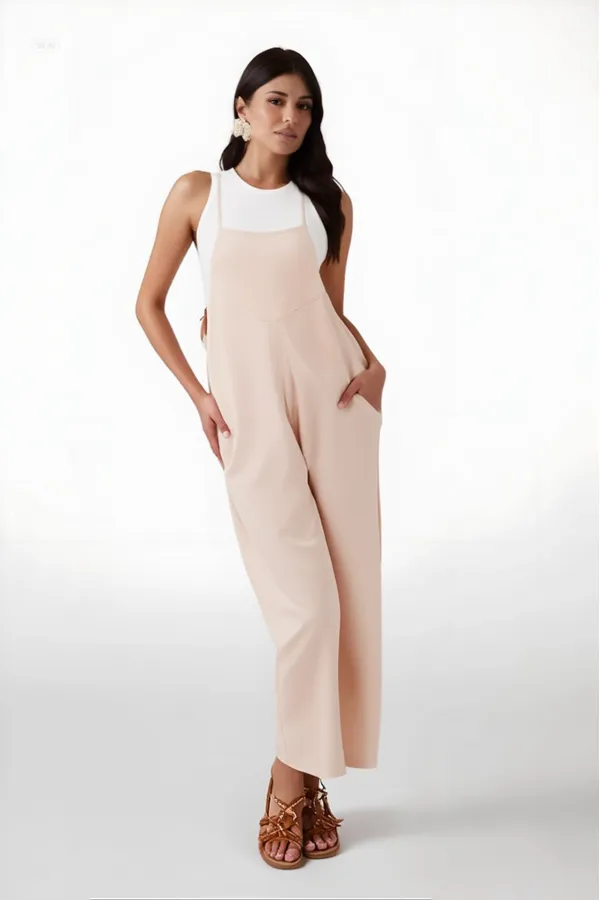 Kadın Krem Ayarlanabilir Askılı Cepli Bol Paça Bahçıvan Tulum HZL22S-BD170191