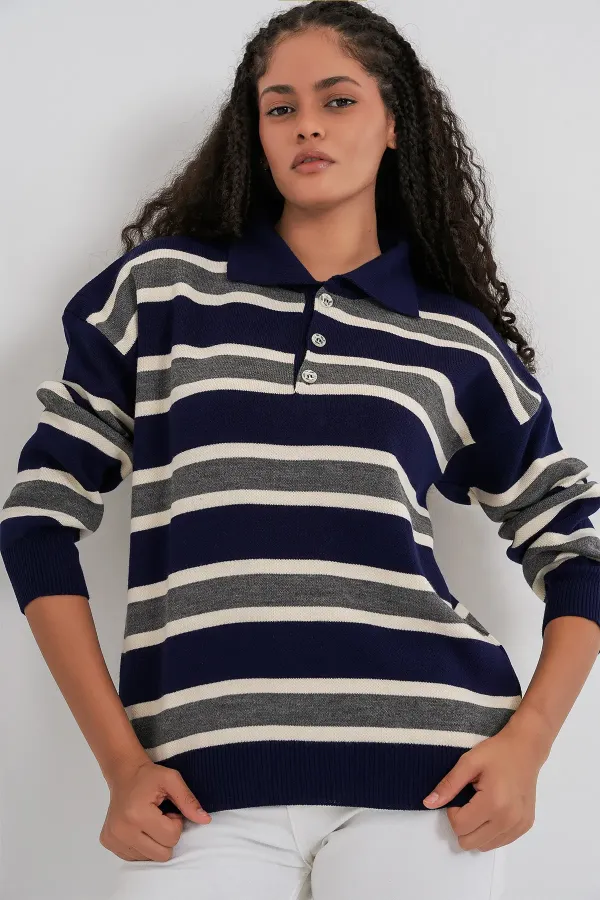 Pull en maille rayé à col polo pour femme 15952 - Bleu marine