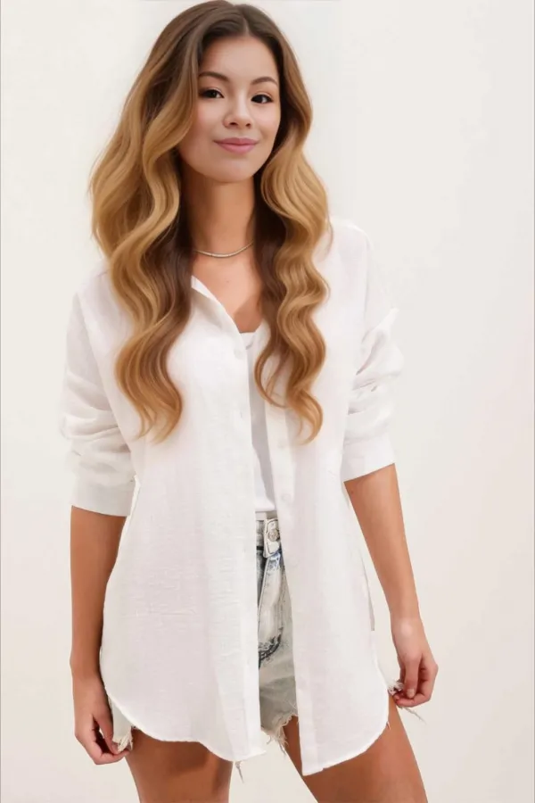 Kadın Beyaz Tek Cepli Oversize Keten Ayrobin Gömlek HZL24S-BD1201531