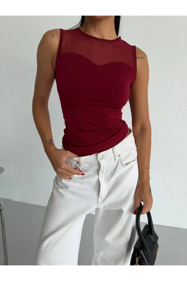 Kadın Bordo Kolsuz Likralı Tül Detay Sandy Bluz HZL26W-FRY123721