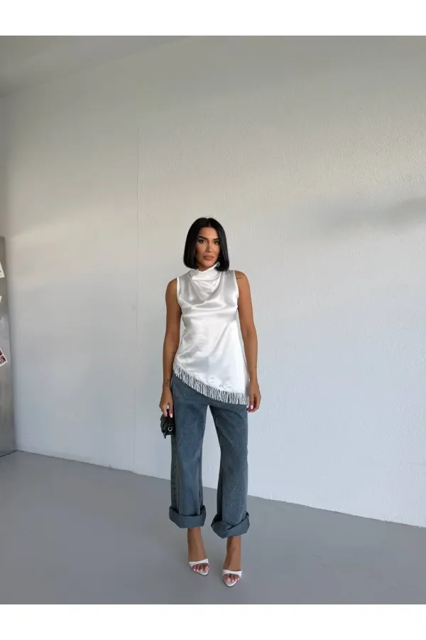 Women's White Halter Neck Asymmetrical Cut Fringe Detail Satin Blouse HZL26S-FRY123911