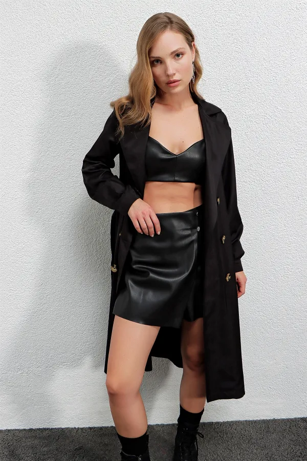 Trench-coat décontracté noir à double boutonnage pour femme, non doublé, avec ceinture, HZL22S-BD158531