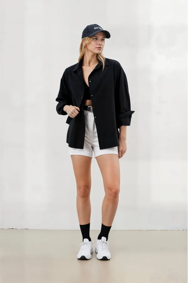 Kadın Siyah Oversize Uzun Basic Gömlek HZL22W-BD139001