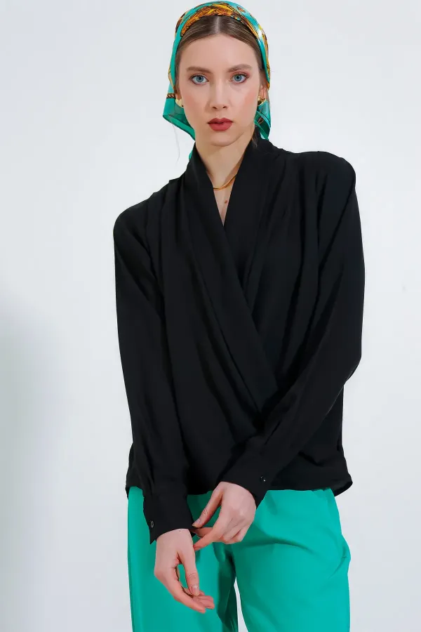 Chemisier drapé en satin noir à col cache-cœur pour femme 0492