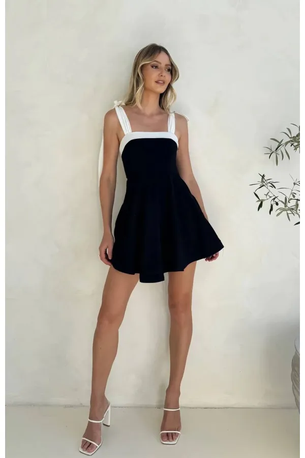 Women's Black and White Detailed Strappy Mini Dress HZL24S-FRY122001