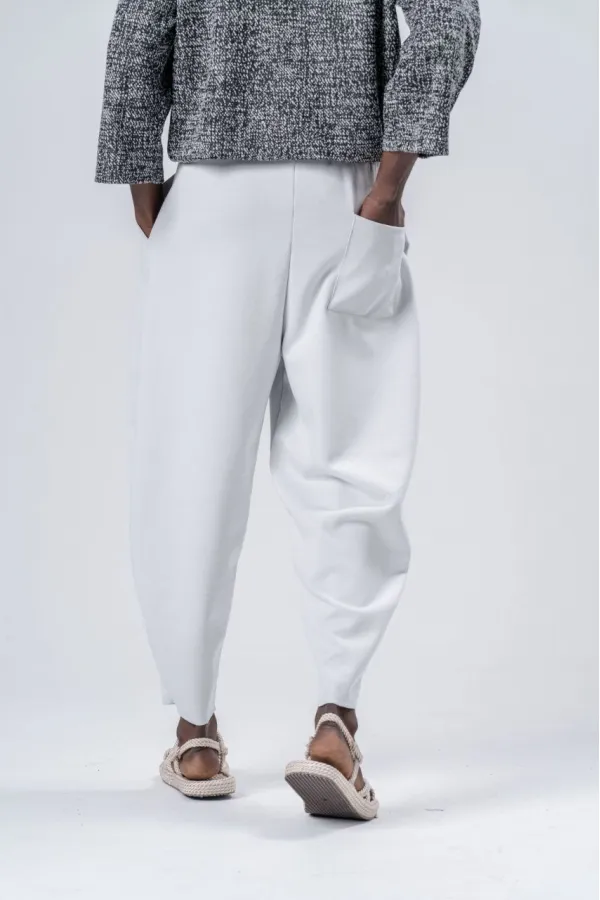 Pantalon de survêtement blanc ample à taille nouée et poches pour homme HZL24S-MXC9019-10