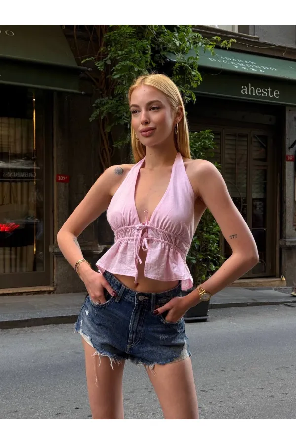 Chemisier dos nu en lin rose pour femme HZL24S-ZK11081