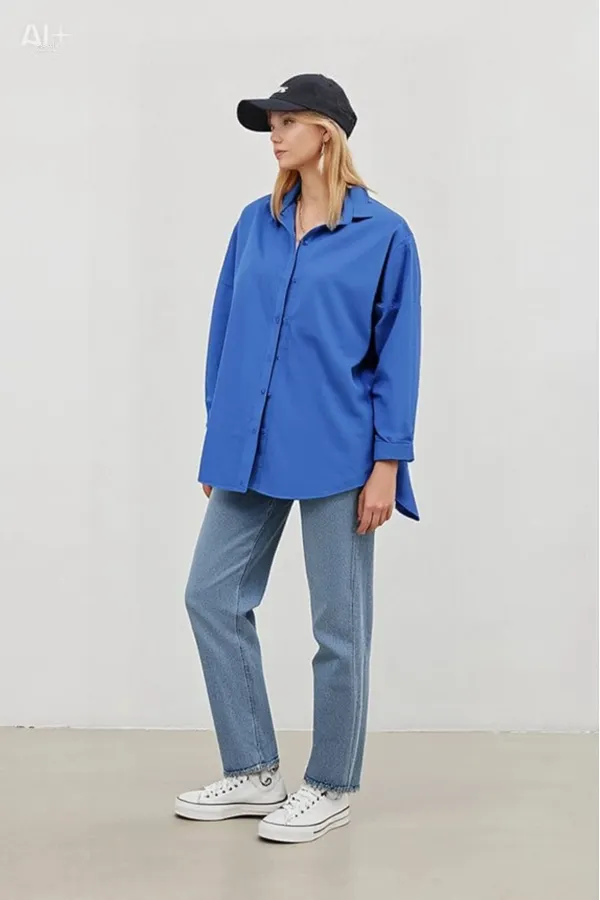 Kadın Mavi Oversize Uzun Basic Gömlek HZL22W-BD139001