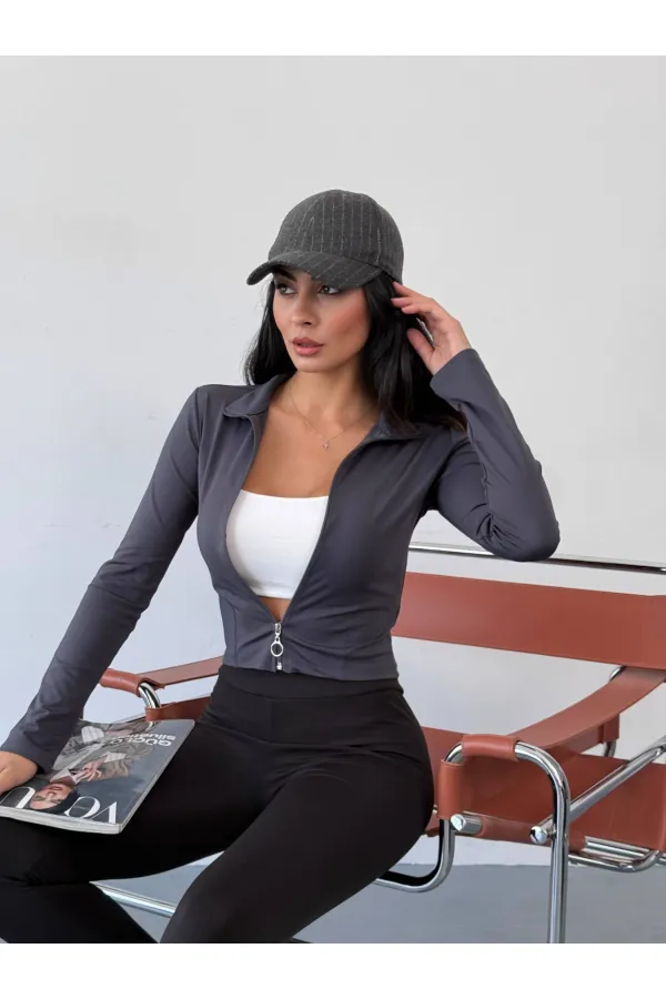 Women's Anthracite Diving Fabric Zippered Finger-Tight Sweatshirt HZL25W-FRY123441