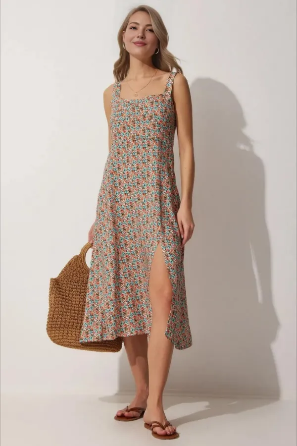 Kadın Çok Renkli Kare Yaka Çiçekli Yazlık Viskon Elbise HZL23S-BD122821